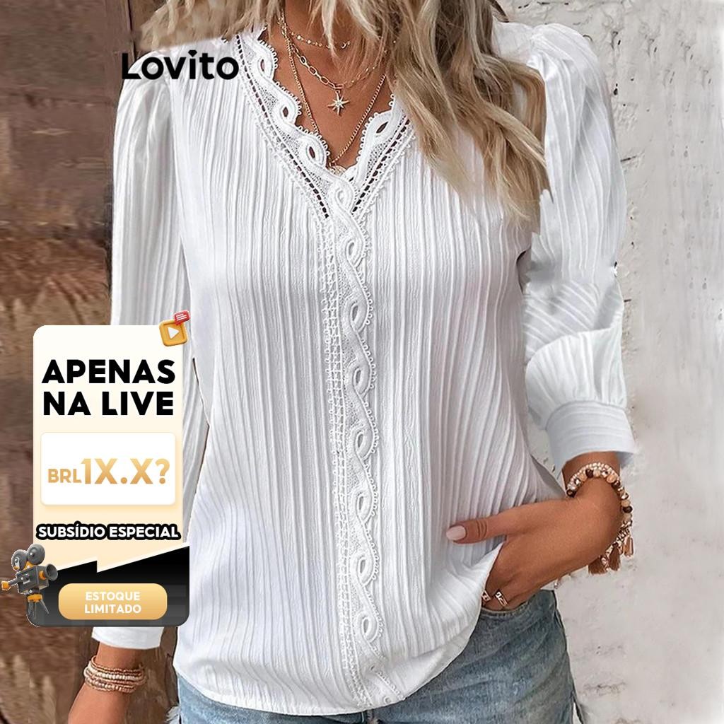 (LIVE STREAM SALE) Lovito Casual Blusa Feminina Lisa com Renda LNL51014 - Women Clothes