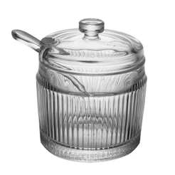 Açucareiro com Colher e Tampa Lines Wolff 10cm x 7.5cm Vidro para Cozinha Mesa Posta Decoração Sala Café Presente Chique