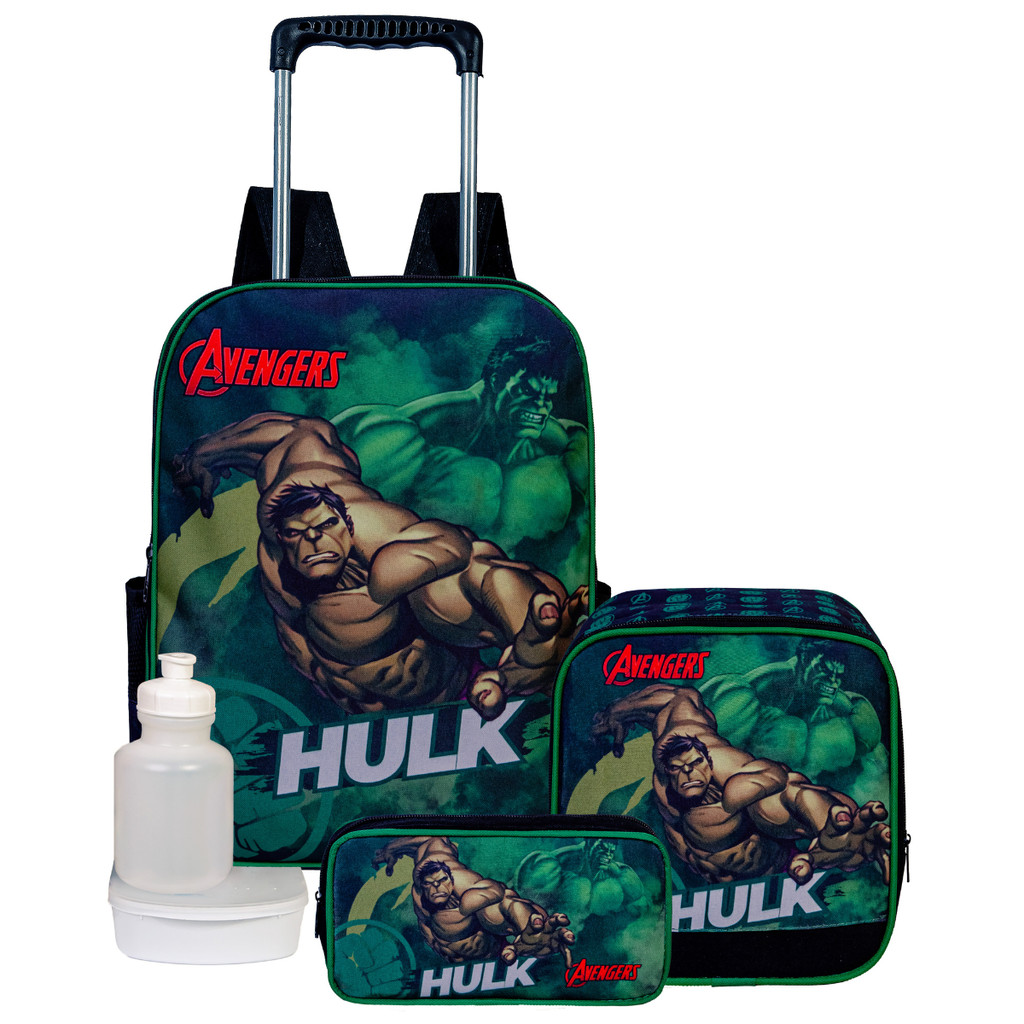 Kit Escolar Infantil Mochila Hulk Com Rodinha Tamanho Grande