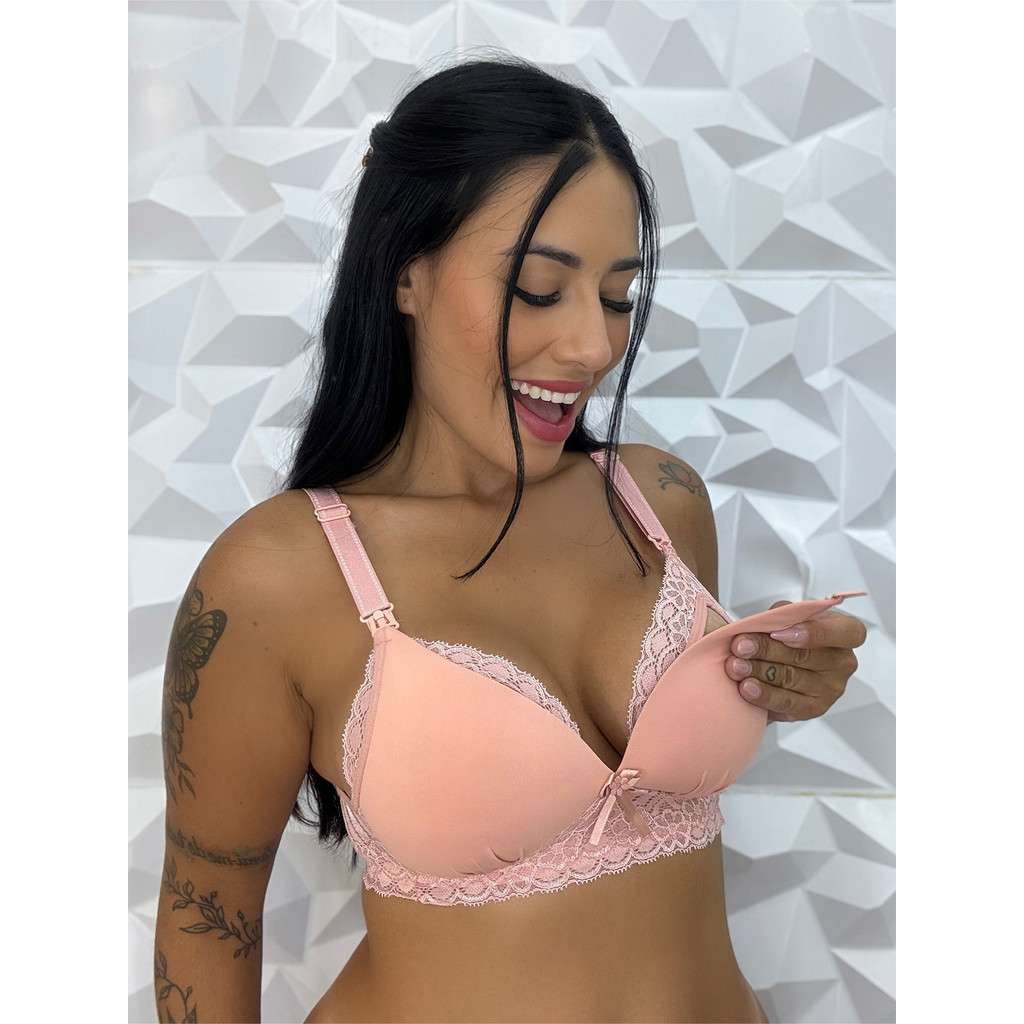 Sutiã Amamentação Microfibra e Renda com Bojo Confort Abre Fácil Maternidade