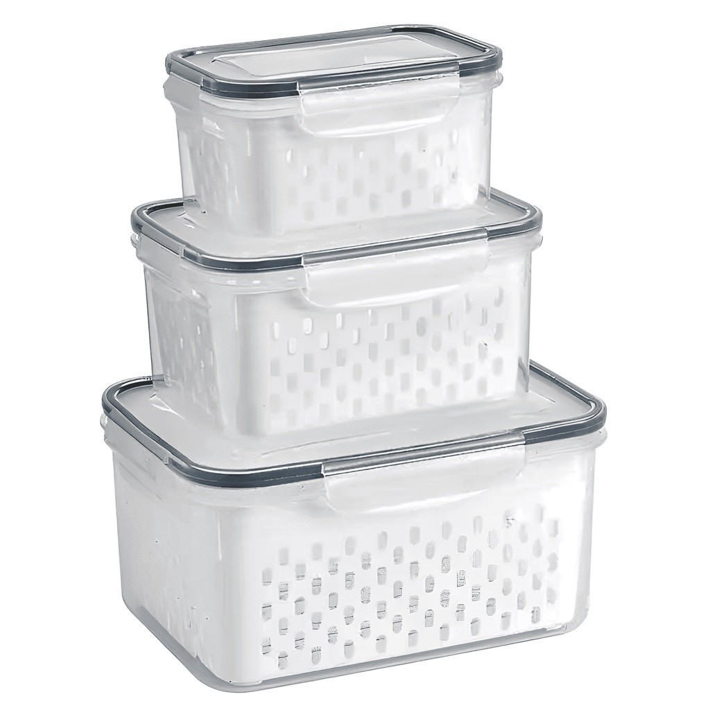 Kit 3 Organizadores de Geladeira Potes Herméticos Cozinha Alimentos Com Cesto Removível Lavar Frutas