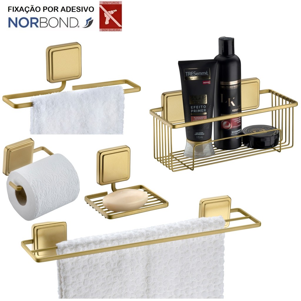 Kit 5 Peças Acessório Banheiro Toalheiro Saboneteira Papeleira Adesivo Dupla Face Dourado Future