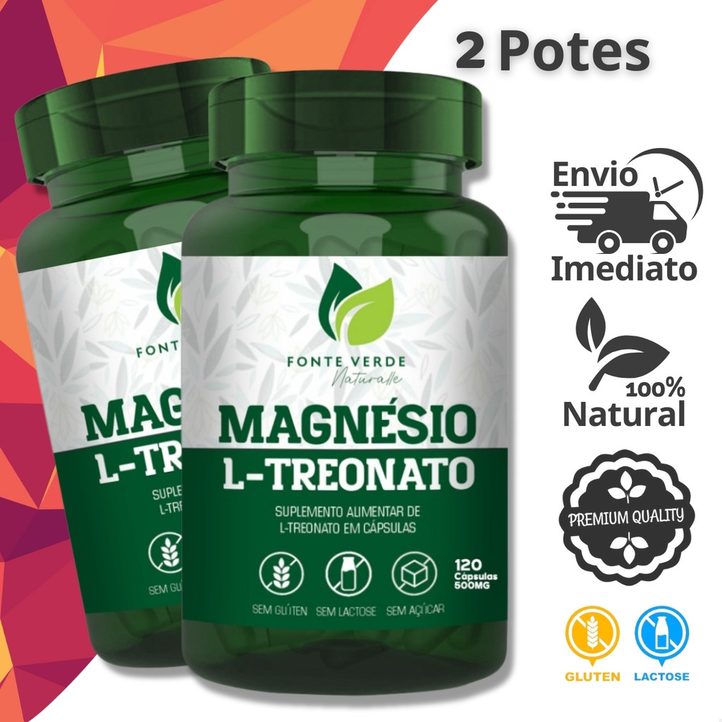 2 Potes Magnésio L-Treonato Fórmula Importada Kit 240 Cáps - Fonte Verde
