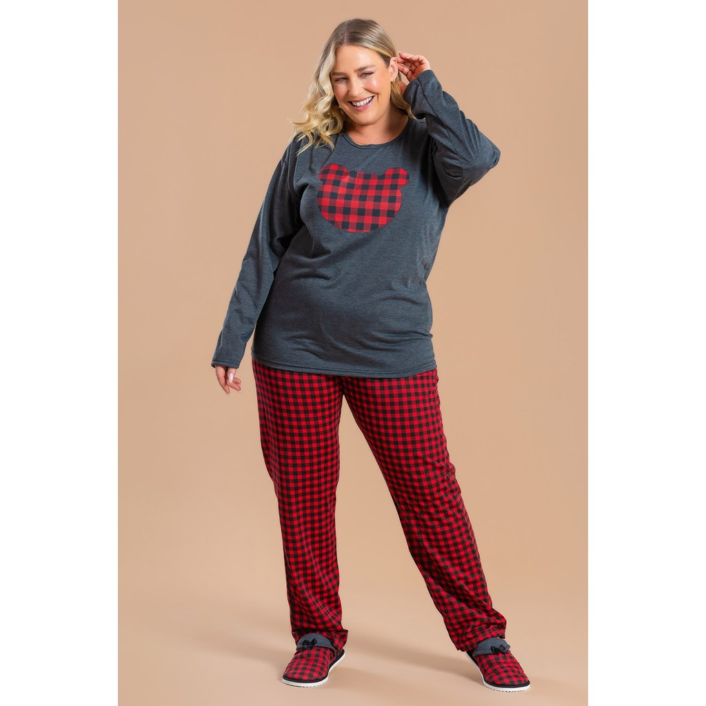 Pijama Feminino Urso Xadrez Vermelho Calça Comprida Manga longa Frio