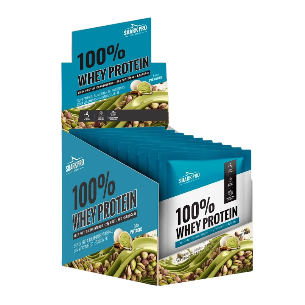 100% Whey Protein Caixa Com 10 Unidades de 40g Shark Pro Pistache em Oferta na Shopee