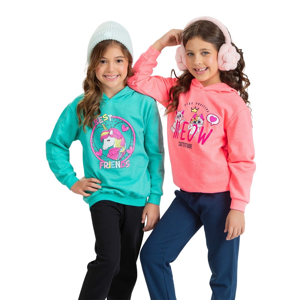 Conjunto Calça Flanelada Blusa Capuz Moletom Frio Infantil Menina Tam 1 2 3 4 6 8