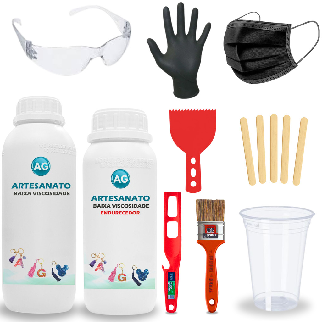 Imagem Kit Iniciante 300g Resina Epóxi Para Artesanato Inclui EPIs, Pincel, Espatula