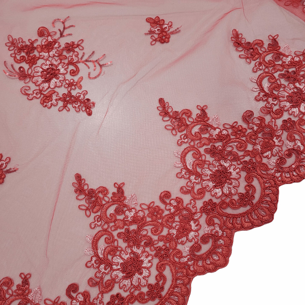 Renda para Vestido de Festa Tule Bordado Vermelho e Paetê em Metro - 1,28m x 1m