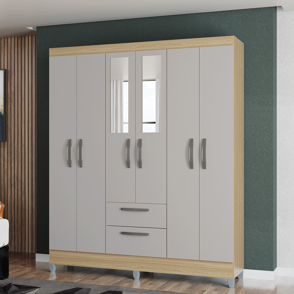 Guarda Roupa Casal com Espelho e Pés 6 Portas 2 Gavetas Multi Poquema - Home & Living