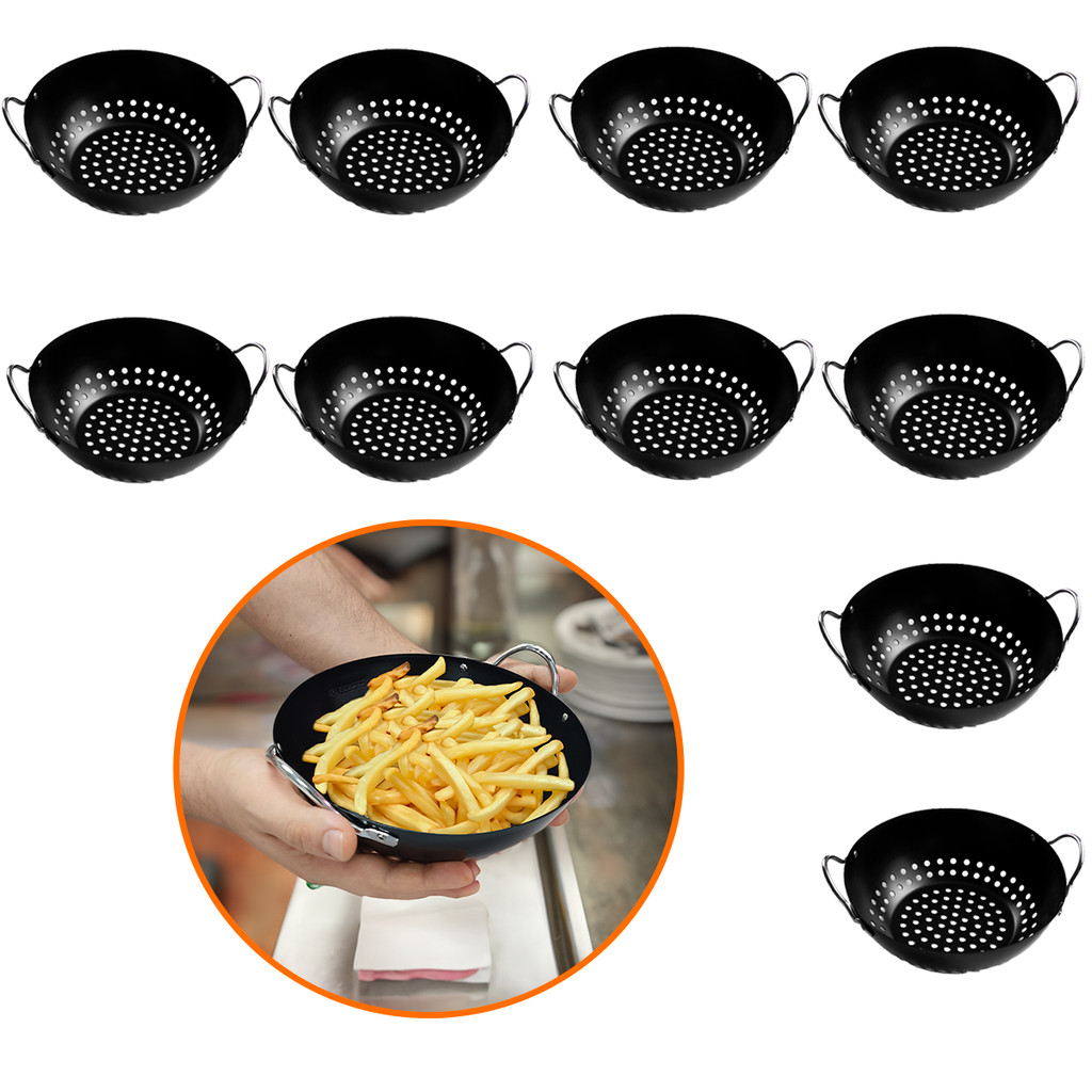 10 Cestos Grelha Wok Assadeira Perfurada Antiaderente Pequena 20cm Servir Porção Fritura Mundial