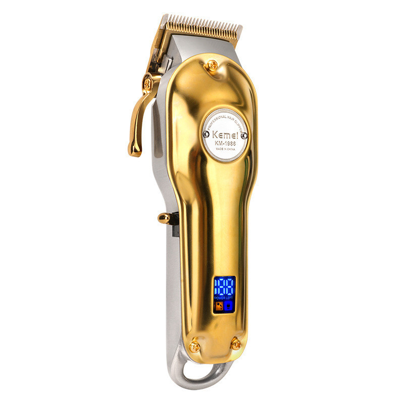 Maquina cortar cabelo KEMEI 1986 Profissional sem fio, 4 laminas ajustáveis, bateria recarregável bivolt, display LCD
