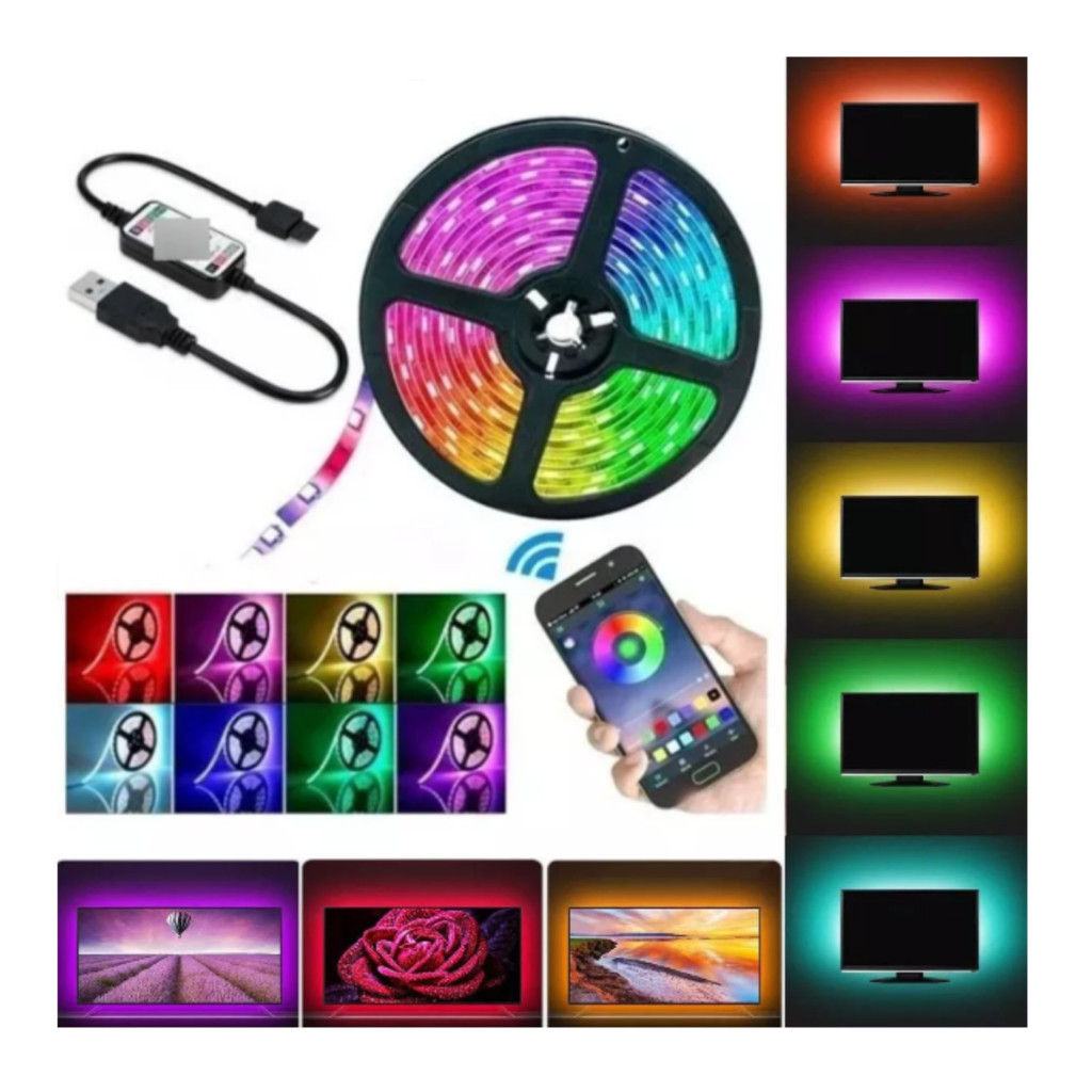 Fita LED RGB USB Bluetooth IP65  Colorida 5050 com Controle via App Ideal para TV Quarto e Sala Novo em Oferta na Shopee