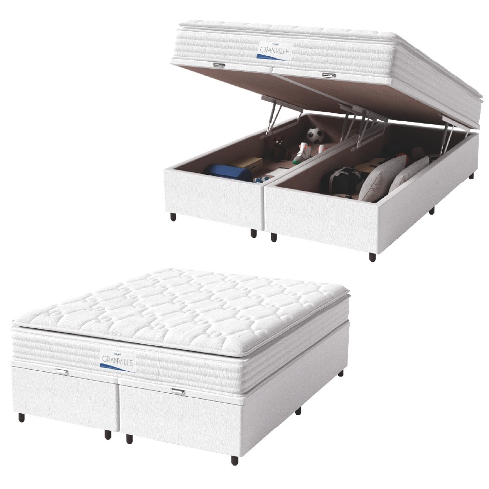 Cama Box Baú Casal King Colchão Molas Ensacadas Granville Com Pillow 193x203x69cm Branco - Home & Living