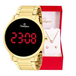 Relógio Champion Feminino Digital Dourado Original CH40142H + Conjunto Colar e Brinco Original