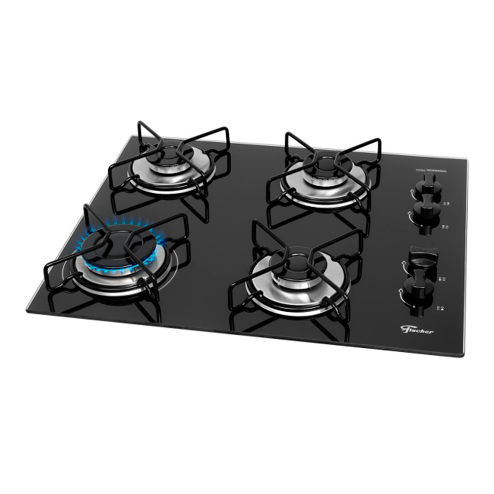 Cooktop 4 Bocas Fischer 4Q Fit Line Gás Vidro Temperado Esmaltada Aramado Preto Bivolt - 36350-102675 em Oferta na Shopee
