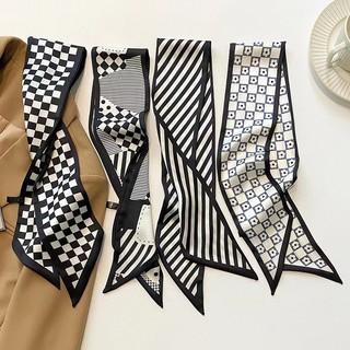 Preto Houndstooth Xadrez Lenço De Seda Bandana Streamer Coreano Longo Floral Fita Hairband Gravata Arco