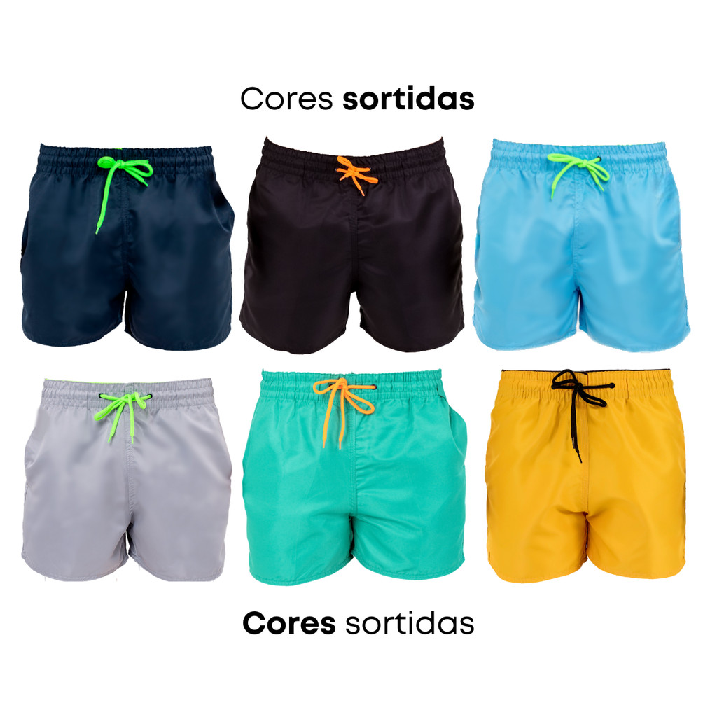Kit 6 Short Mauricinho Curto Tactel Grosso Praia Verão Neon Curtinho Secagem Rápida Liso Bolsos