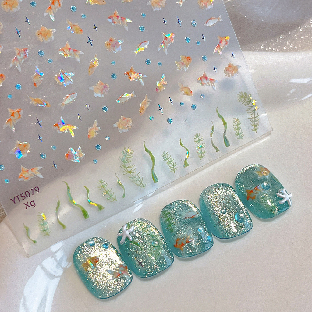 Shell Light Estrela de Quatro Pontas Goldfish Manicure Adesivo Bonito Colorido Oceano Decalque de Unhas Decoração