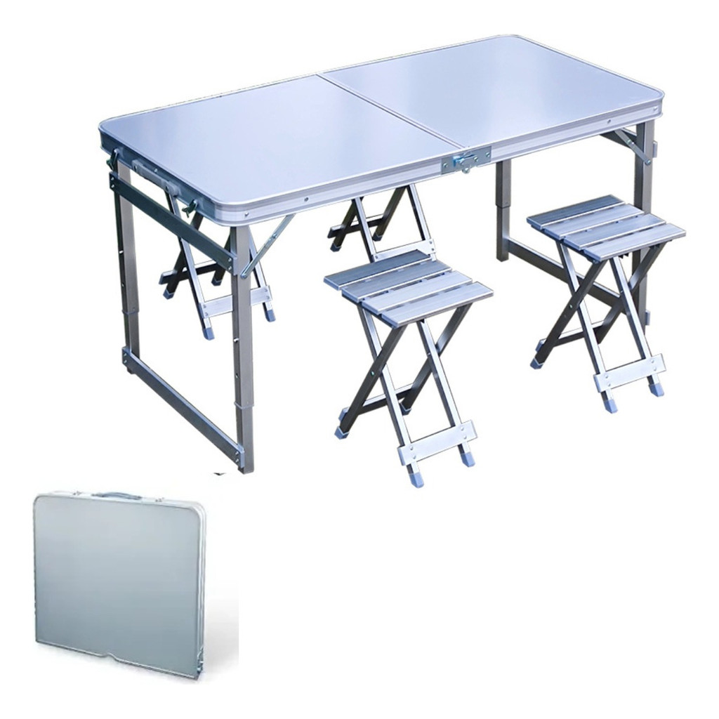 Mesa com 4 Cadeira de Alumínio MDF Dobravel Portátil Vira Maleta Camping e Praia Pesca em Oferta na Shopee