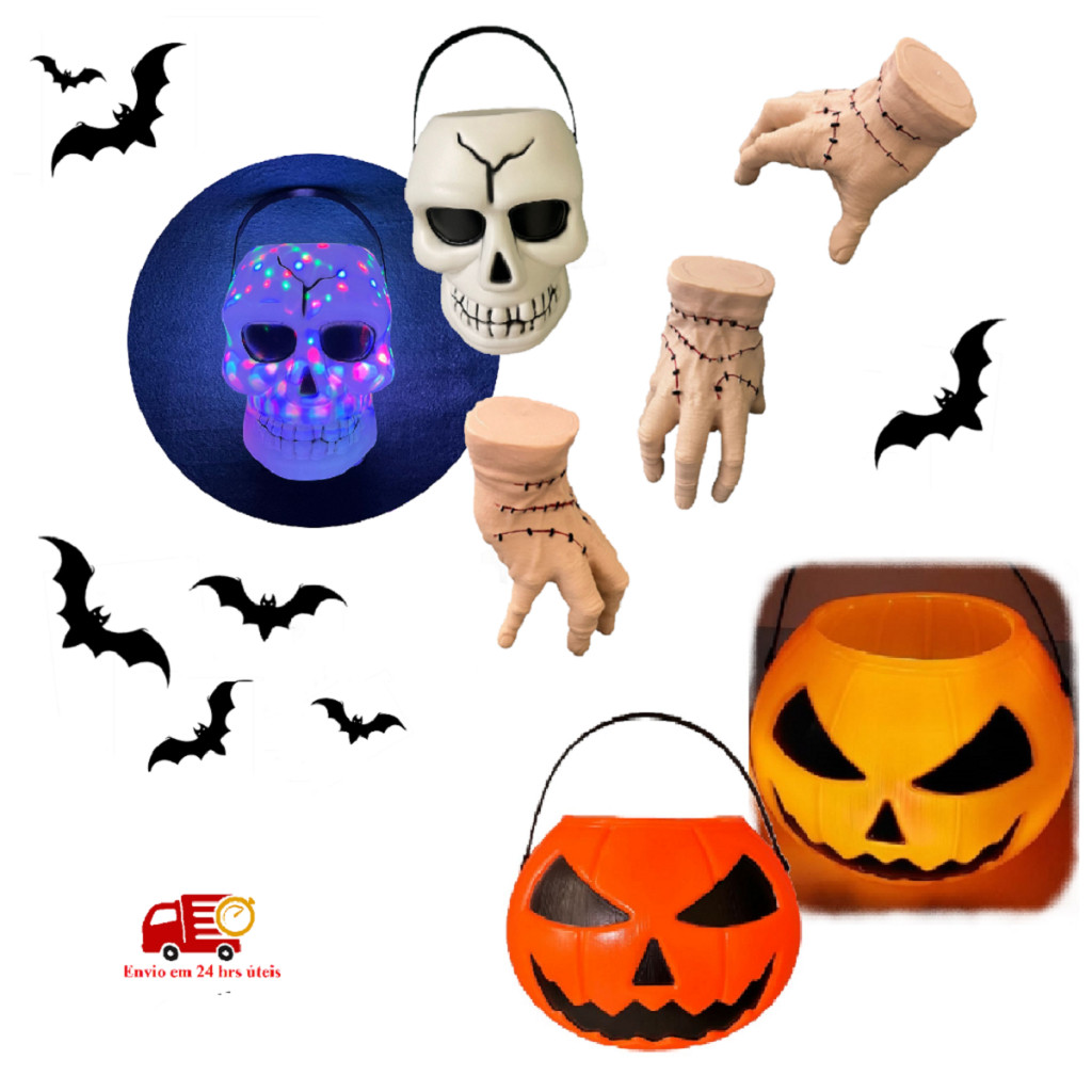 Enfeites Halloween Cesto Caldeirão Abóbora - Mãozinha Família Adams - Lanterna ou  Caveira Luz e Som