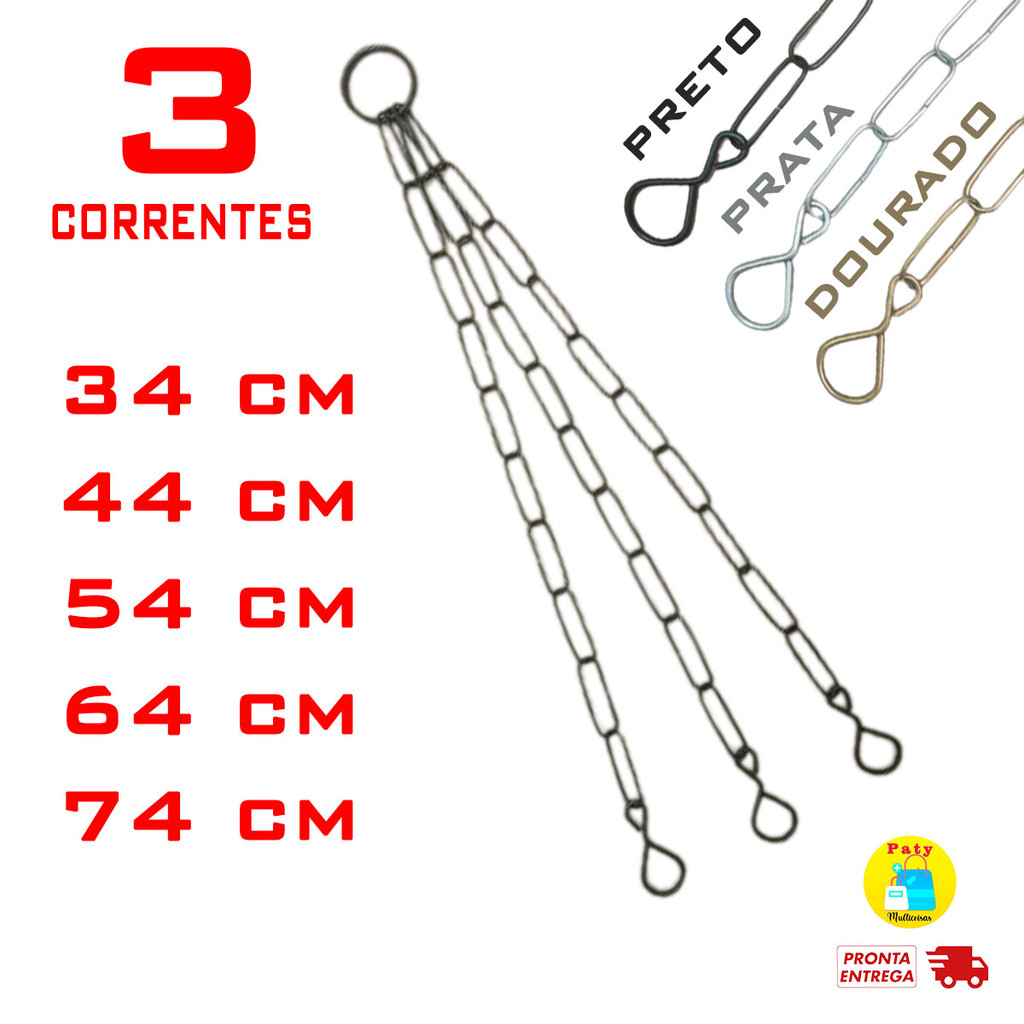 Kit 1 a 3 Corrente de pendurar vasos metal prato gancho 34 44 54 64 74 cm em Oferta na Shopee