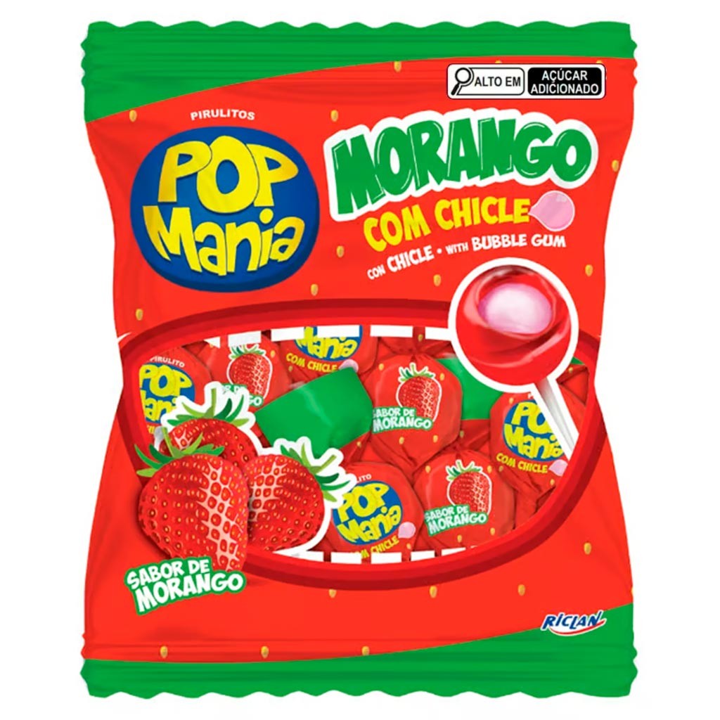 Pirulito Pop Mania Morango Recheio Chiclete 500g - Riclan
