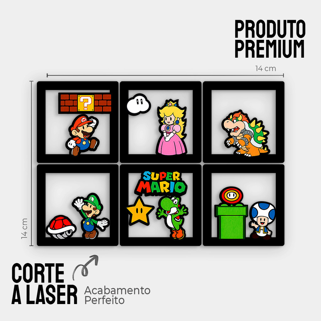 Kit 6 Quadros Super Mario e Amigos MDF Vazado 14x14cm — imagem 2 de 2
