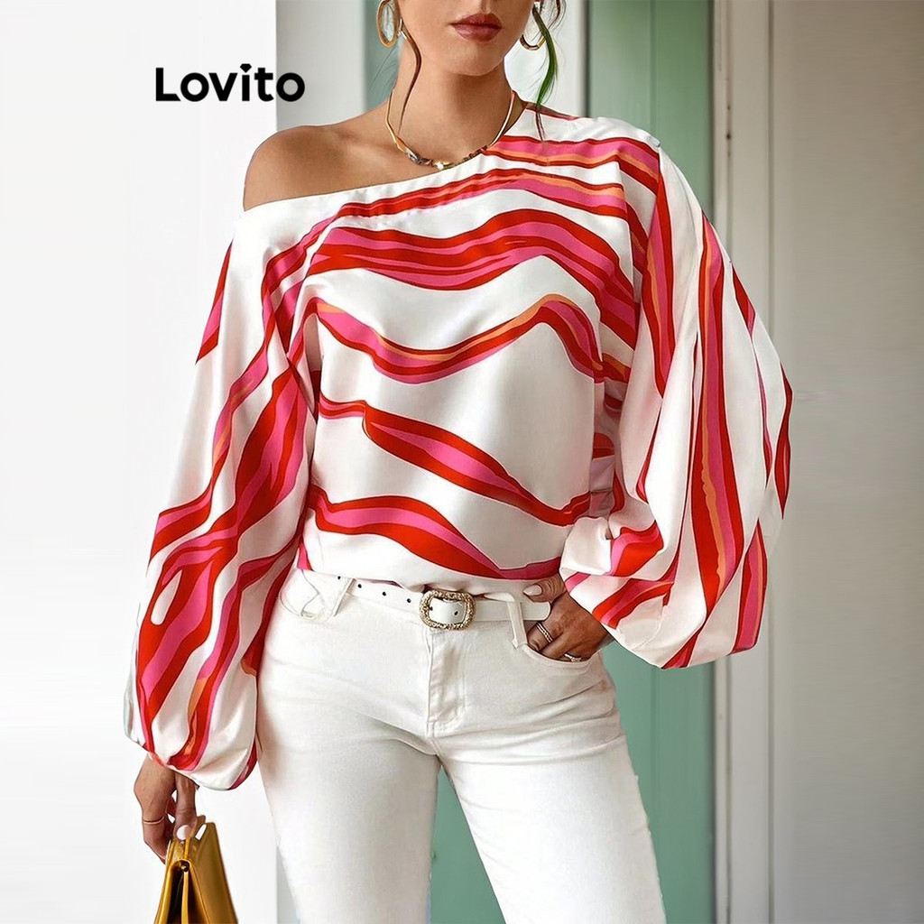 Lovito Blusa assimétrica elegante com listras arco-íris para mulheres LNL54213