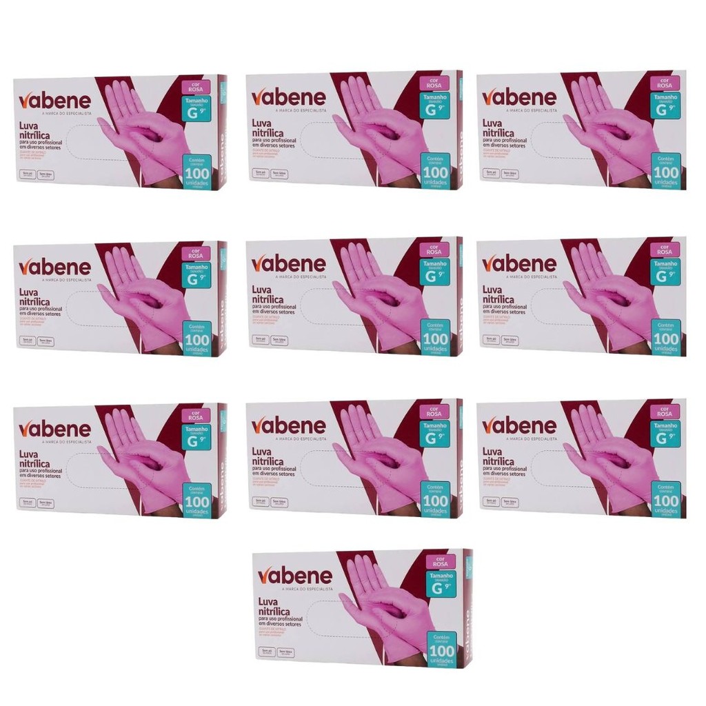 Luva Nitrílica Rosa Sem Pó Vabene Kit com 10 Caixas  – Tamanho PP; P; M; G em Oferta na Shopee