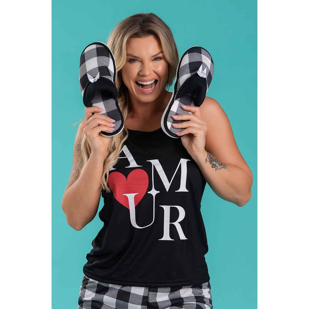 Kit Pijama Feminino Baby Doll  Verão Alcinha Shorts Amour Preto e Pantufa Feminino Xadrez Preto e Mescla