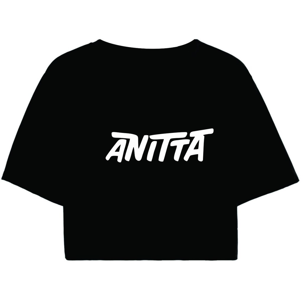 Cropped Feminino Preto Tumblr blogueira Anitta cantora Pop Logo nome feminina manga curta