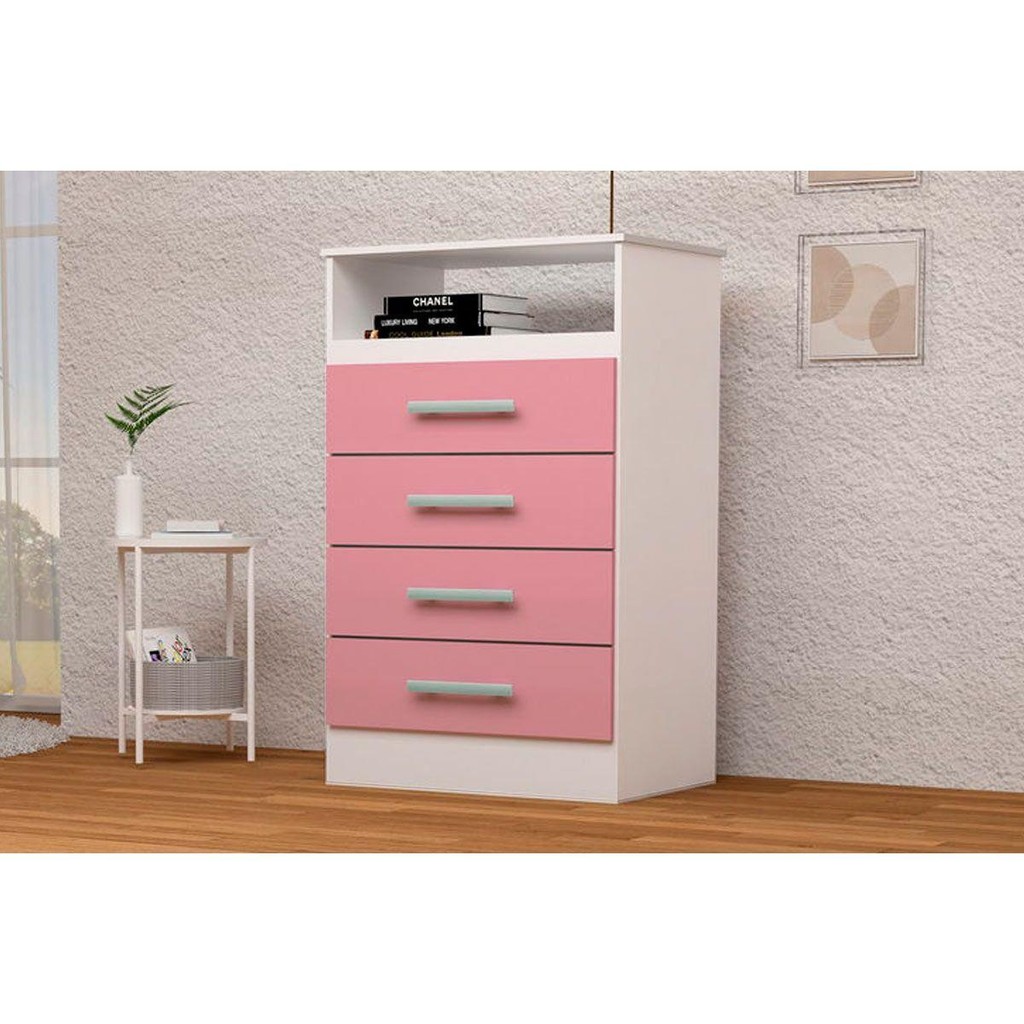 Cômoda de Quarto Jéssica c/ 1 Nicho e 4 Gavetas Branco/Rosa/Azul - ACP em Oferta na Shopee
