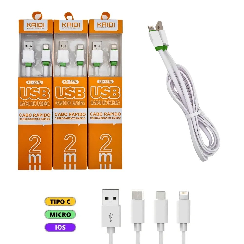 Cabo Turbo 2m Tipo-c V8 IPhone Android IOS Carrega Rapído e Passa dados Kaidi modelo novo