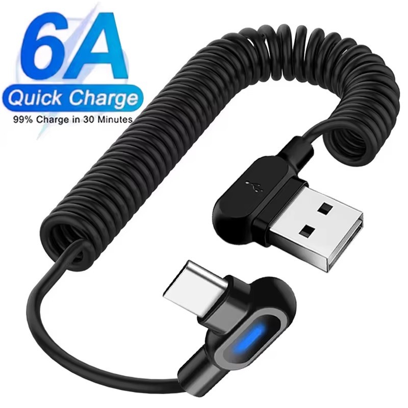 Cabo De Dados Tipo C De Cotovelo Duplo 6A-Retráteis De 1m/1.5m-Linha De Mola Curta De 90 Graus-Carregamento Rápido PVC 6
