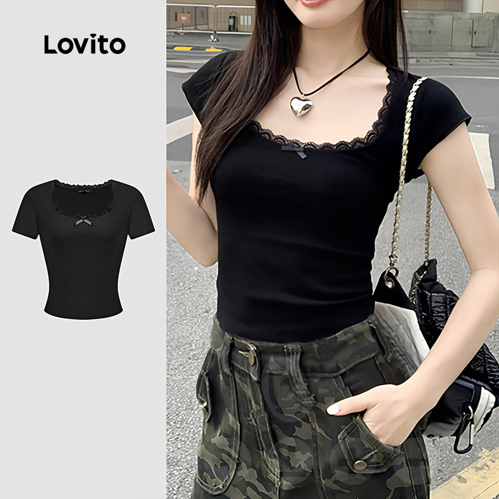 Lovito Camiseta Casual Com Laço De Renda Verão/Primavera Para Mulheres L123ED773 - Women Clothes