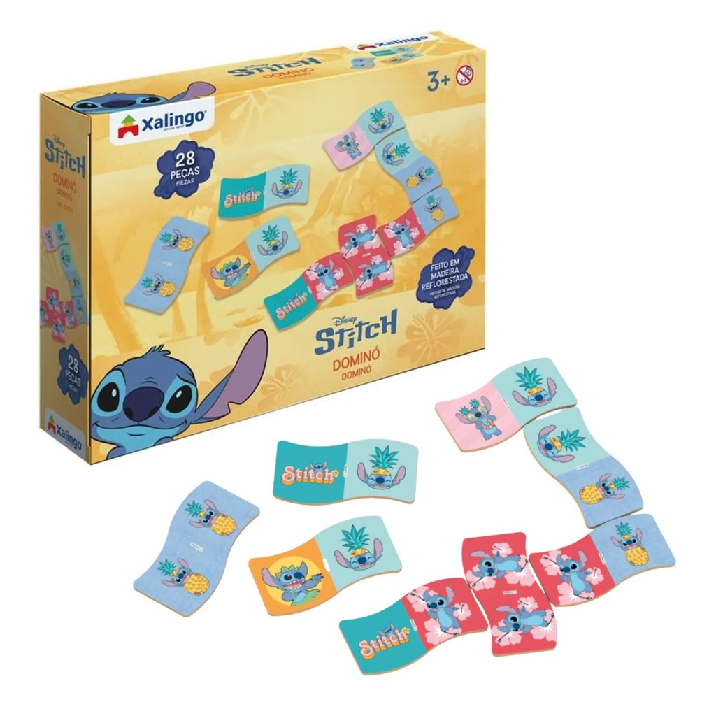 Dominó Stitch Jogo de Mesa Infantil Educativo Brinquedo 28 Peças Xalingo 12232 - Mom & Baby
