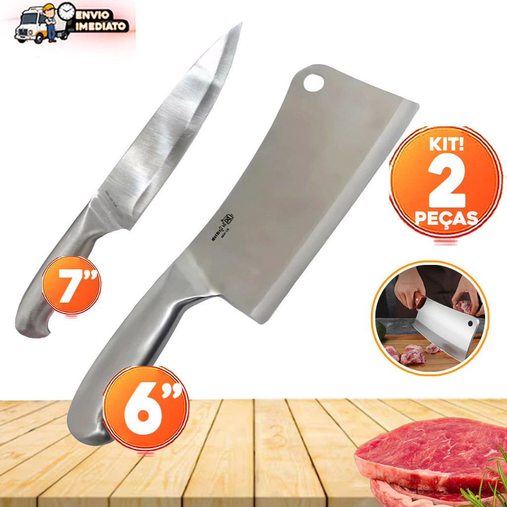 1 Faca Cutelo 6'' e 1 Faca peixeira 6" Inox Profissional Lâmina Corte de Precisão Churrasco Açougue