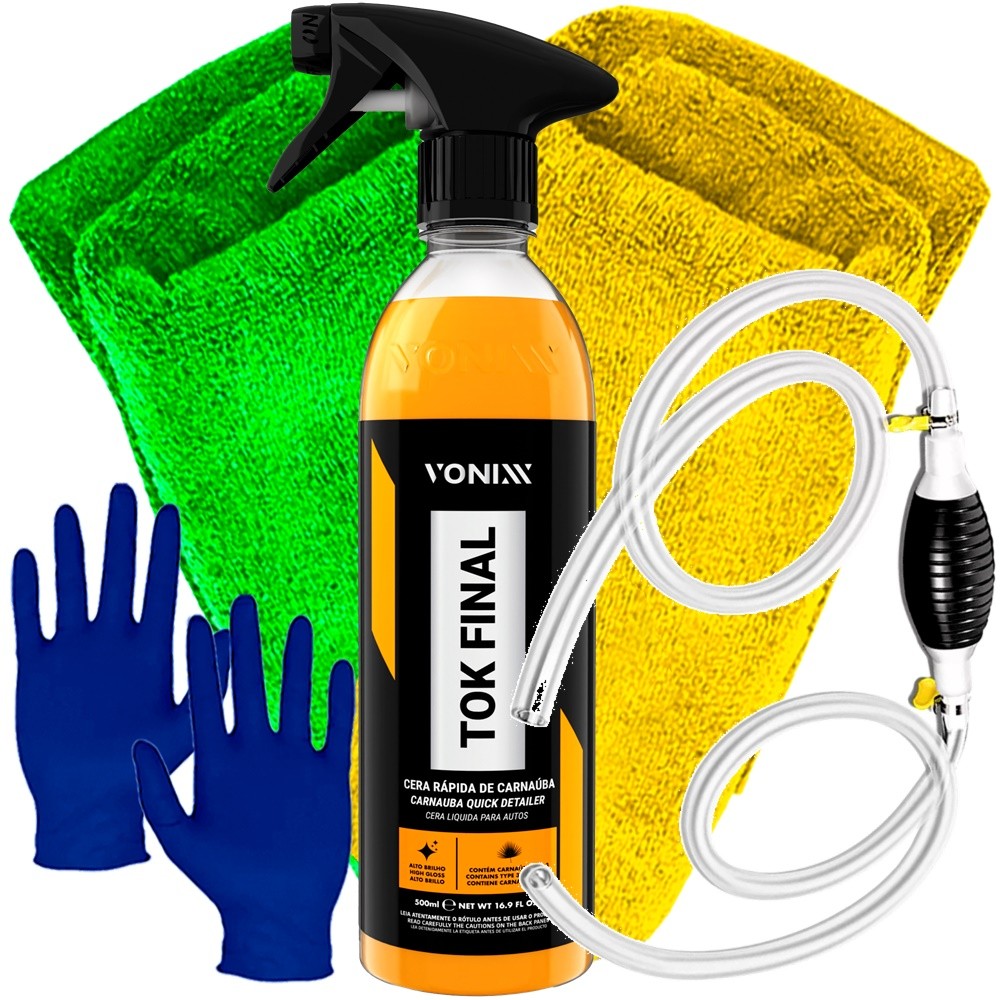 Kit Limpeza Automotiva Cera Tok Final Spray Vonixx Bomba Sucção Combustível Luva Nitrílica Toalha Microfibra Karbox