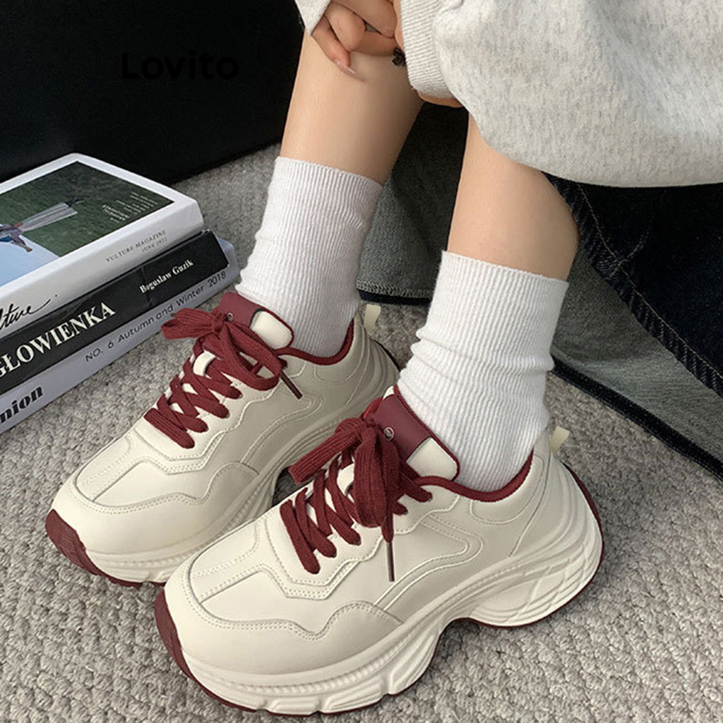 Lovito Esporte simples nicho sola grossa vermelho e branco simples na moda pai sapatos tênis para mulher  LFA59283 - Women Shoes