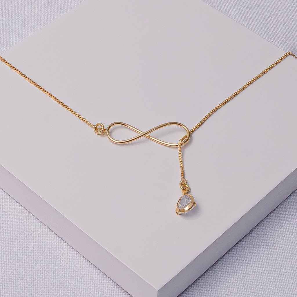 Colar Gravata Infinito Folheado a Ouro com Zircônia Gota