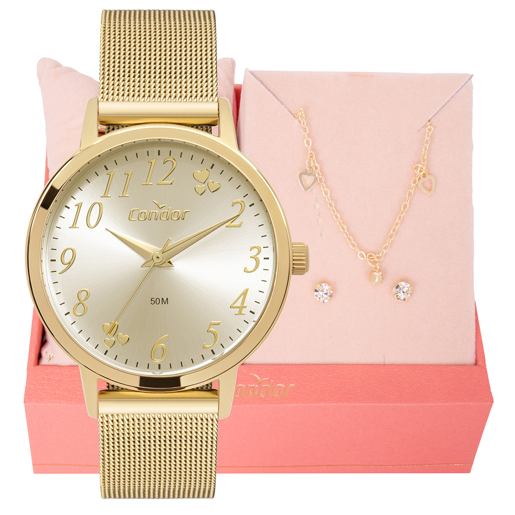Relógio de Pulso Feminino Condor Dourado CO2035NDP/K4X Colar e Brincos em Oferta na Shopee