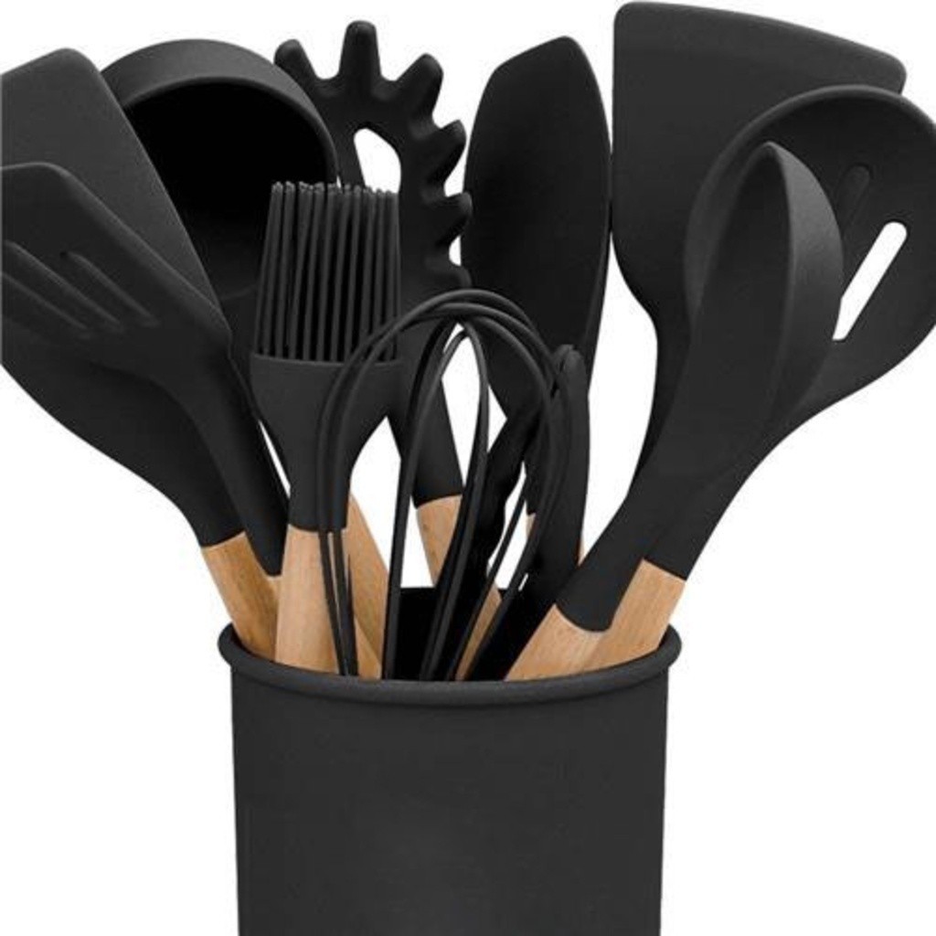 Imagem Jogo de Cozinha Kit C/12 Peças de Silicone, Utensílios e Copo Suporte para Cozinha Cabo de Madeira