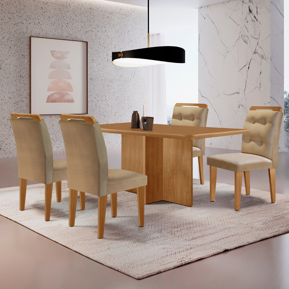 Mesa de Jantar Olímpia 120cm MDF Canto copo e com 4 Cadeiras Carol - Home & Living