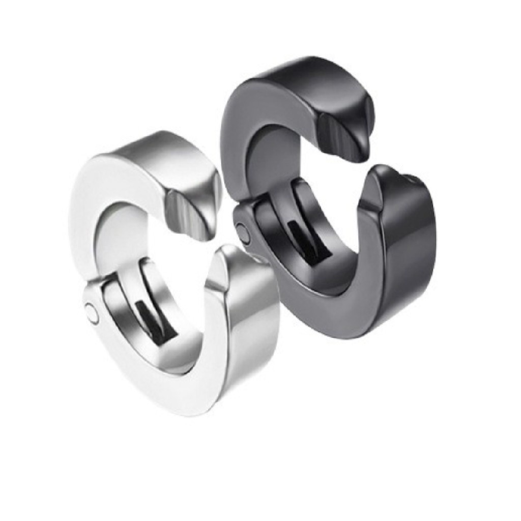 Brinco Pressão Argola Aço inox Não Precisa Furo Prateado preto masculino  Le Essence Masculine / 100% Aço Puro