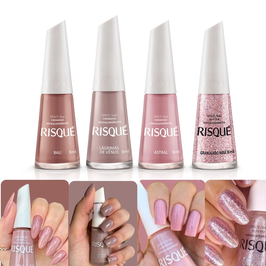 Kit 4 Esmalte Risque Tons Nudes Rosa Cremoso Hipoalergenico