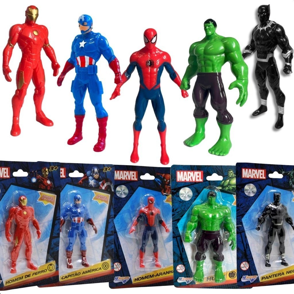 Kit 5 Bonecos Colecionáveis Marvel Avengers Vingadores Homem De Ferro Capitão América Homem Aranha Hulk e Pantera Negra