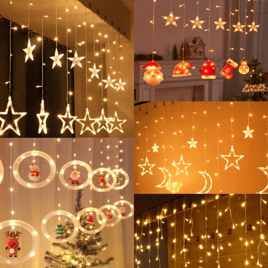 Cortina de Luz LED para Natal - Enfeite com Estrela, Lua, Neve e Papai Noel | Pisca-Pisca Decorativo