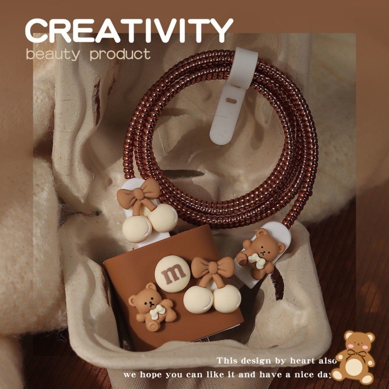 Capa silicone fonte protetora de cabo carregador para iPhone, Cartoon M Bear, linha de dados protetora, espiral Winder