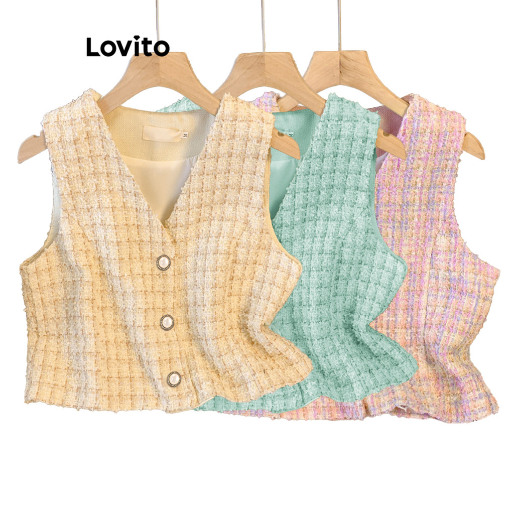 Lovito Regata Casual Lisa De Tweed Com Botão Frontal Para Mulheres L74ED251 (Multicolorido) em Oferta na Shopee