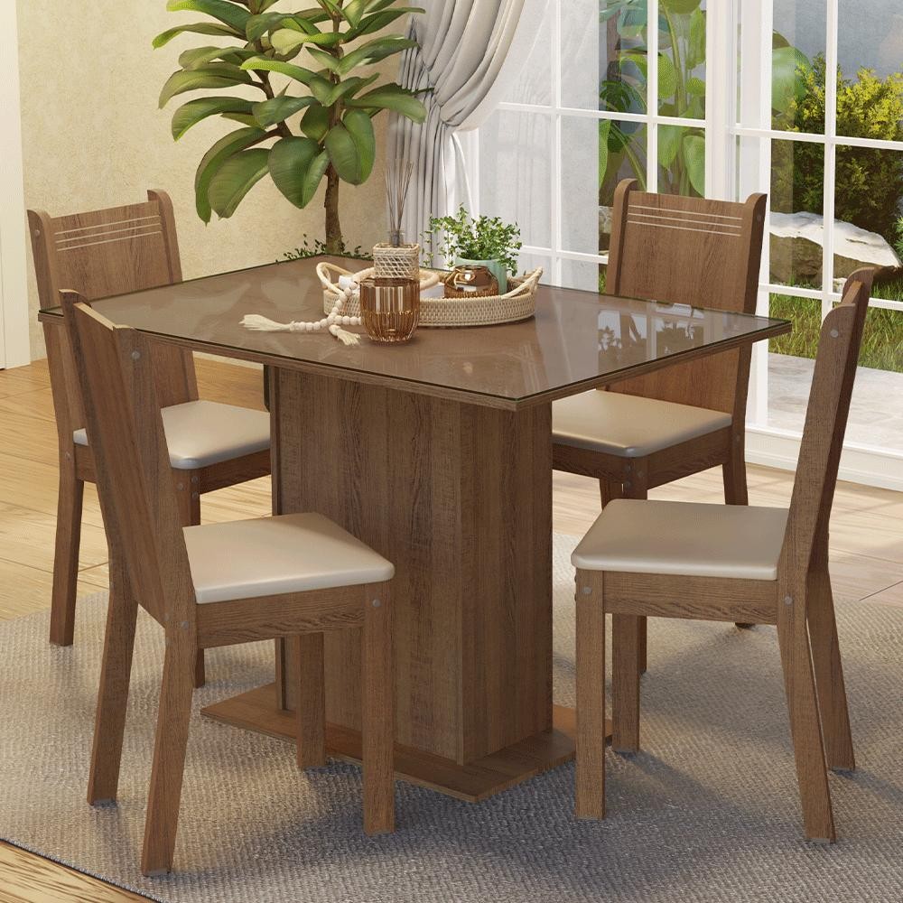 Conjunto Sala de Jantar Mesa Tampo de Vidro 4 Cadeiras Rustic/Bege Camélia Madesa - Home & Living